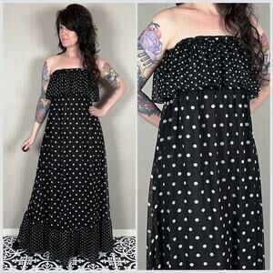 Vintage Y2K Black and White Polka Dot Strapless Ruffle Chiffon Maxi Dress